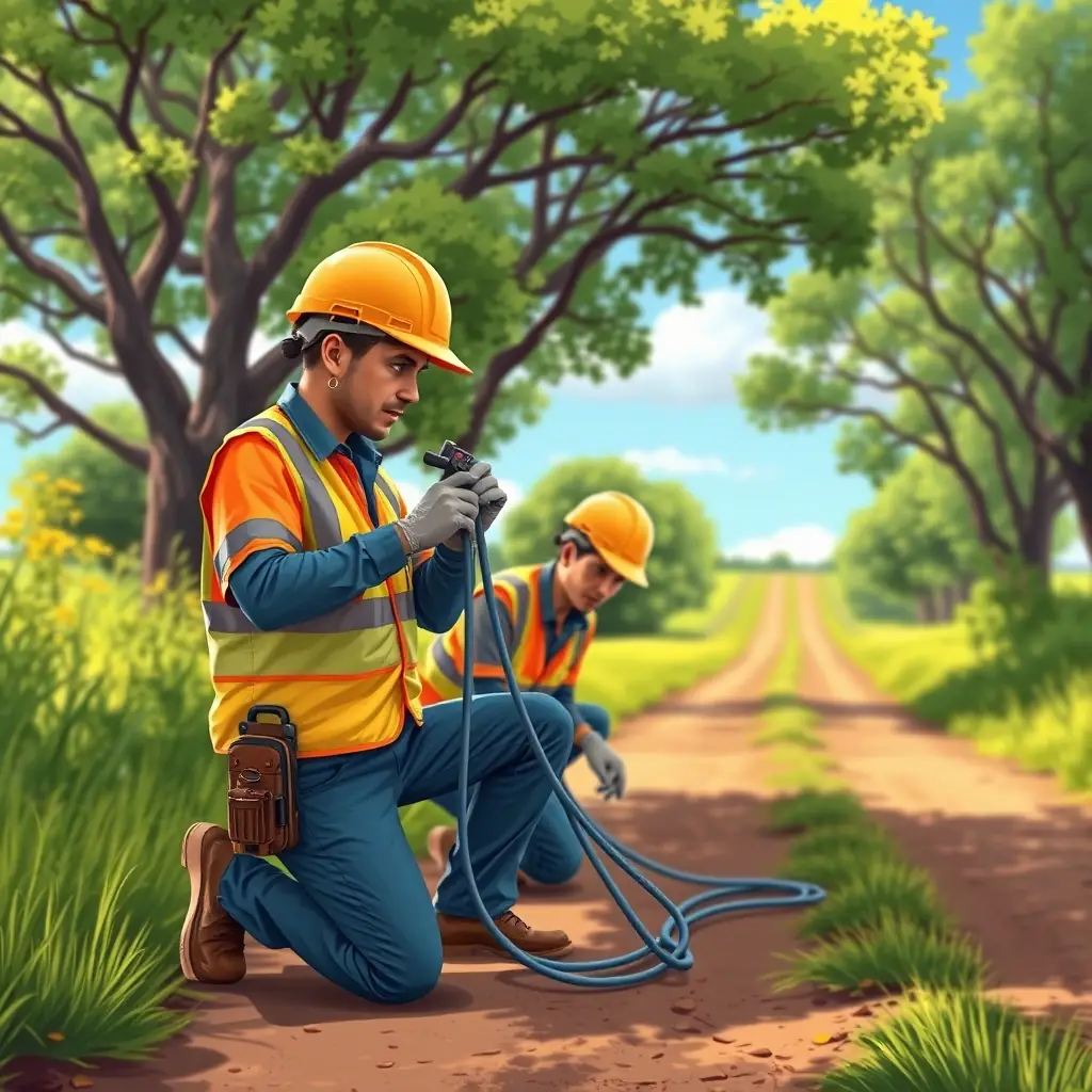 Technicians installing fiber optic cables in an urban or rural setting, demonstrating precision and professionalism.