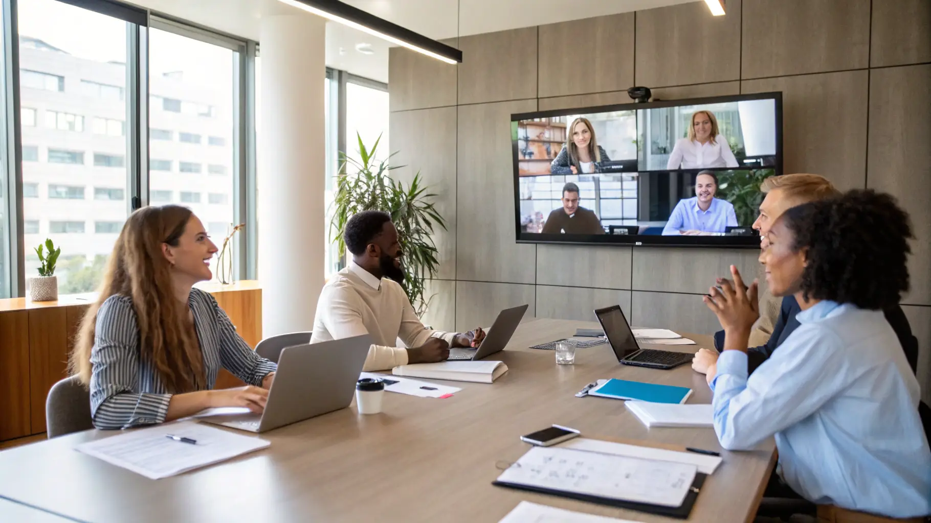 A business team engaged in a video conference with clear audio and video quality, highlighting seamless communication provided by Premier Fiber.