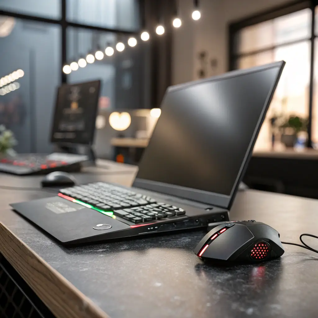 A visually appealing image of a modern home office setup with multiple devices connected to a high-speed fiber internet connection, showcasing seamless streaming, video conferencing, and online gaming.