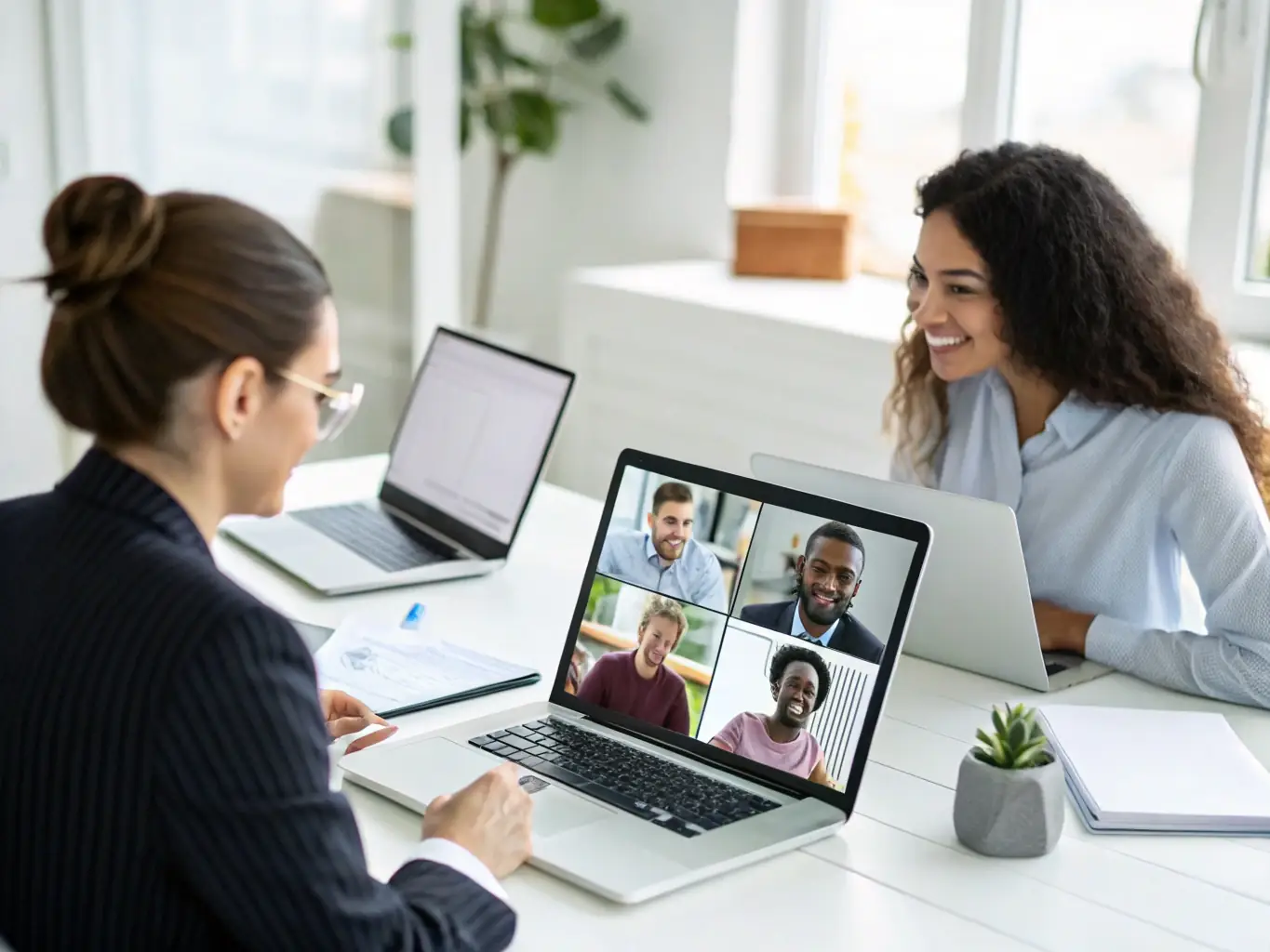 An image of a business team engaged in a video conference with clear audio and video quality, highlighting seamless communication.