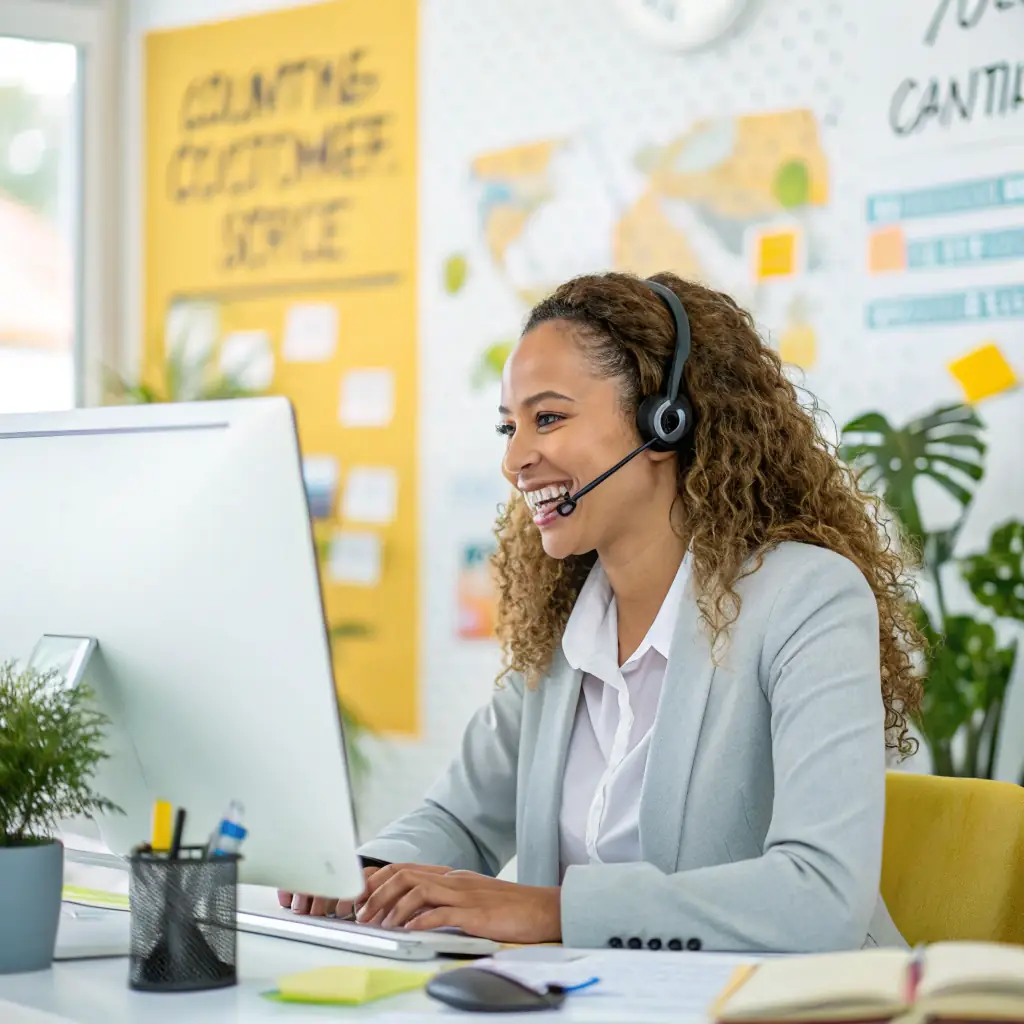 A friendly customer support agent assisting a customer over the phone in a modern office setting, emphasizing Premier Fiber's commitment to excellent service.
