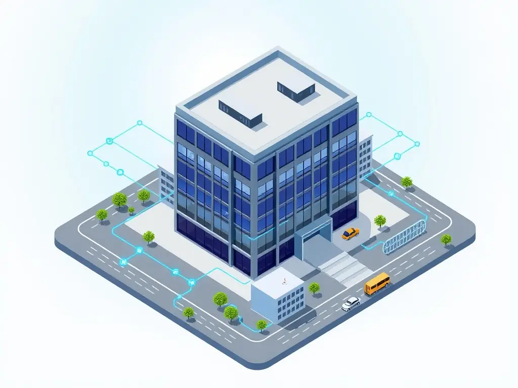 A modern office building with fiber optic cables running into it, symbolizing high-speed internet connectivity for businesses.