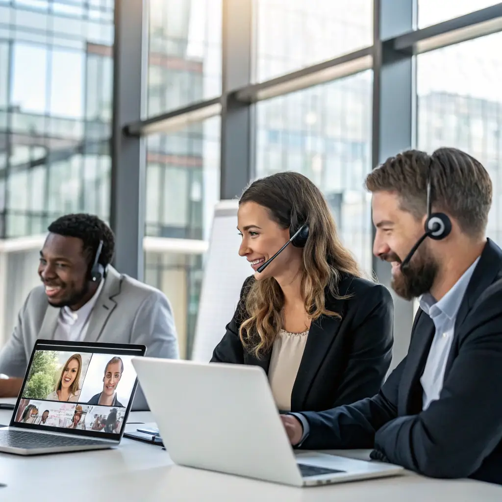 An image of a business team engaged in a video conference with clear audio and video quality, highlighting seamless communication.
