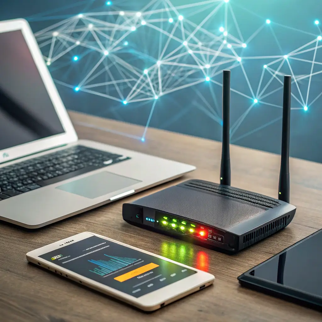 A high-resolution image of a modern home or office setup with a sleek fiber optic router and multiple connected devices, illustrating ultra-fast internet connectivity.